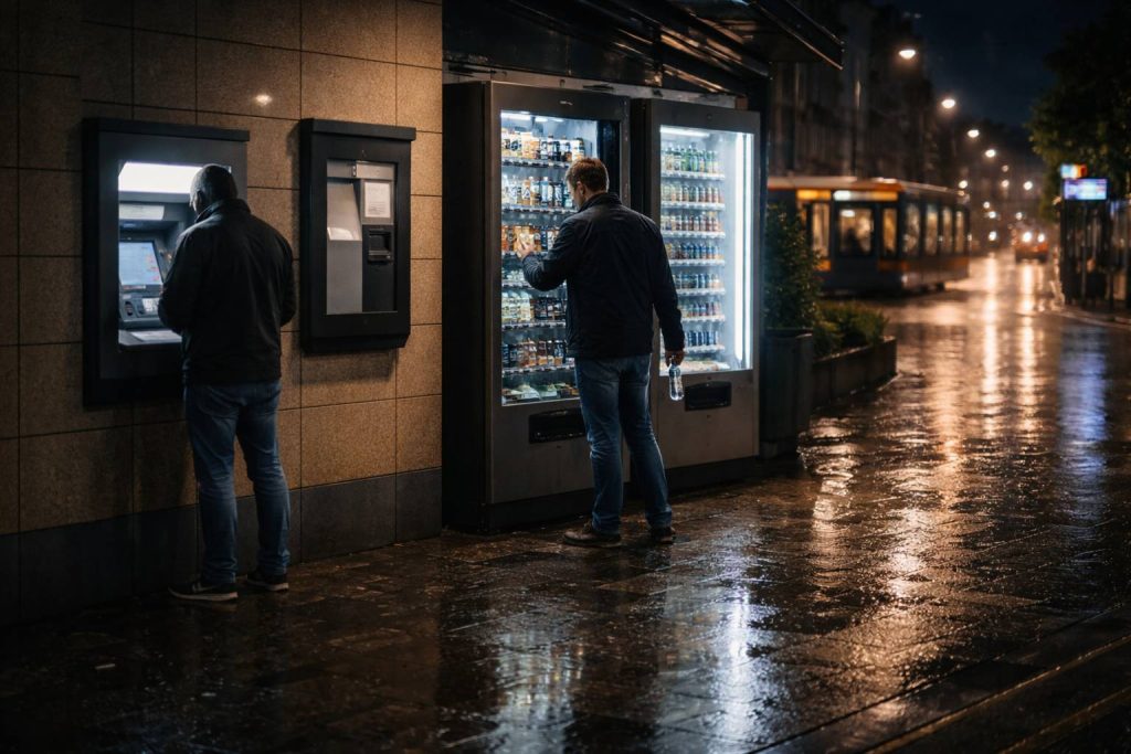 Essentiële benodigdheden voor de late avond in de stad – moment van de automatengeldautomaten