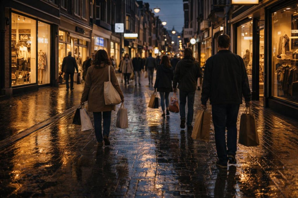 Koopavond Den Haag – Vandaag Open? Complete Gids 2026 Winkelstraat 's avonds - warme verlichting
