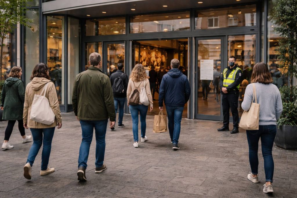 De ingang van het winkelcentrum op een feestdag