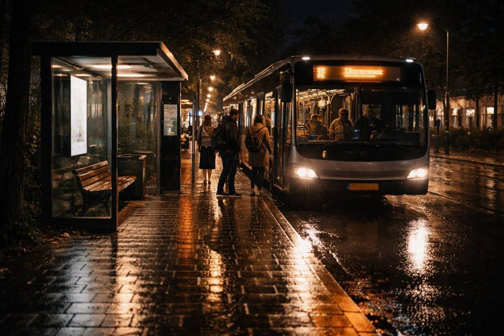 Alles wat je moet weten over OV / NS Openingstijden in Den Haag (2026) Nachtbus bij een rustige halte